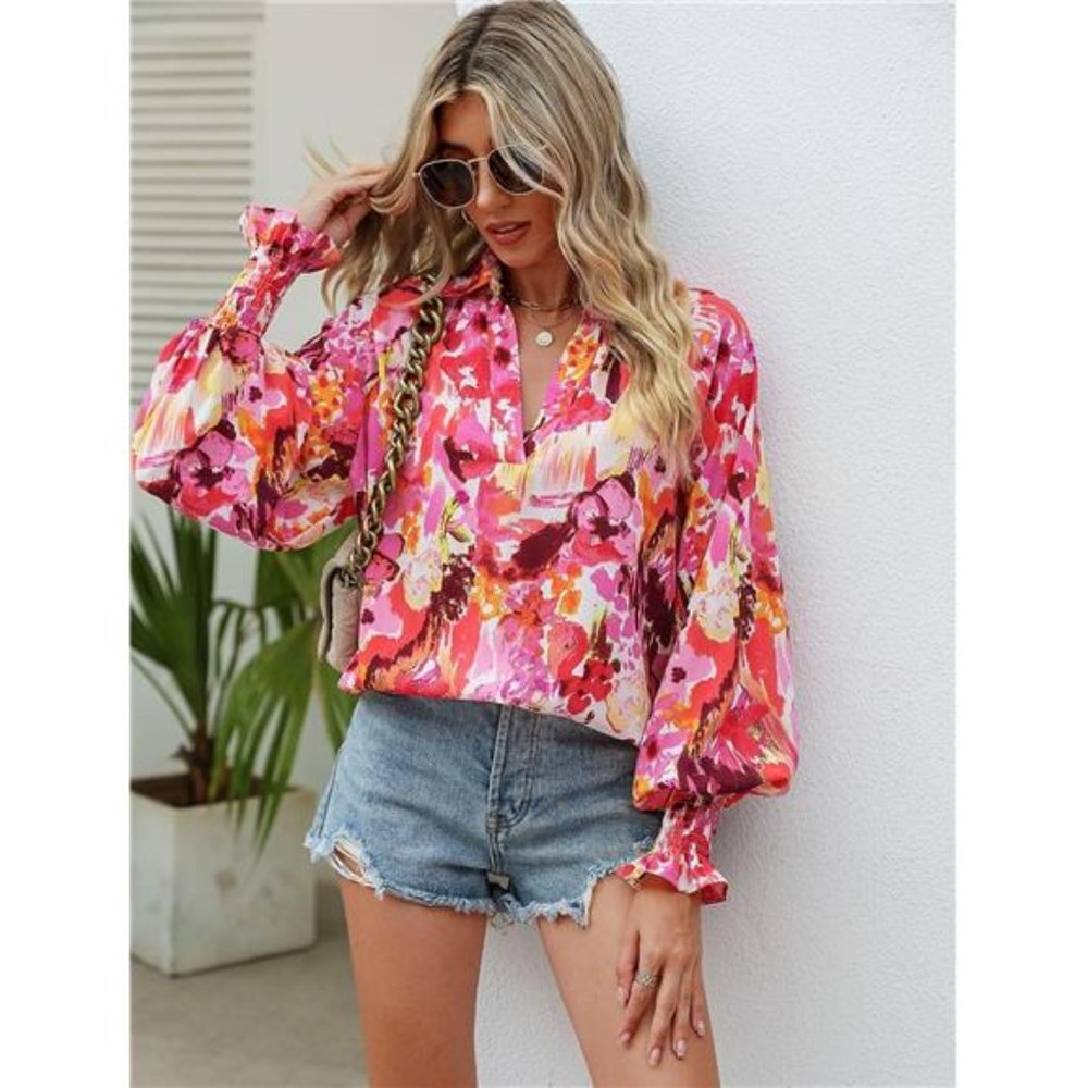 Pink Boho Floral Print V Neck Long Lantern Sleeve Flowy‎ Loose Top Blouse Shirt